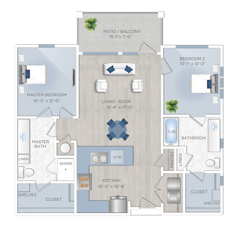 Floor plan for 2 beds, 2 baths, 1066 sqft